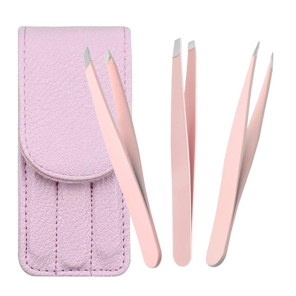 HQdeal Tweezers Set of 3 Tweezers Eyebrow Plucking Professional Stainless Steel Tweezers with Leather Case Perfect Precision for Facial Hair Remover, Eyebrows and Hair (Pink)
