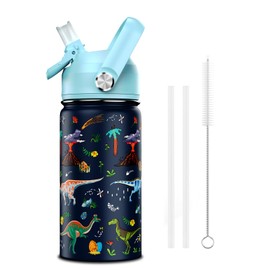 ACESAK 14oz Kids Insulated Water Bottle with Straw Lid - 18/8 Stainless Steel Kid Cup Travel Tumbler Double Wall Vacuum Leak Proof Portable Toddler Water Bottle (Dinosaur)