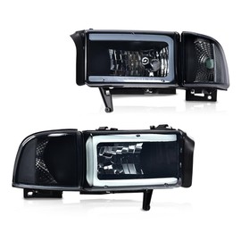 CROSSDESIGN LED Headlight Strip Corner Headlights Smoke Lens Black Housing Clear Reflector With Bulbs. Compatible with Dodge Ram 1500 1994-2001, 2500 3500 1994-2002 (Not Fit Sport & Ram Van Models)