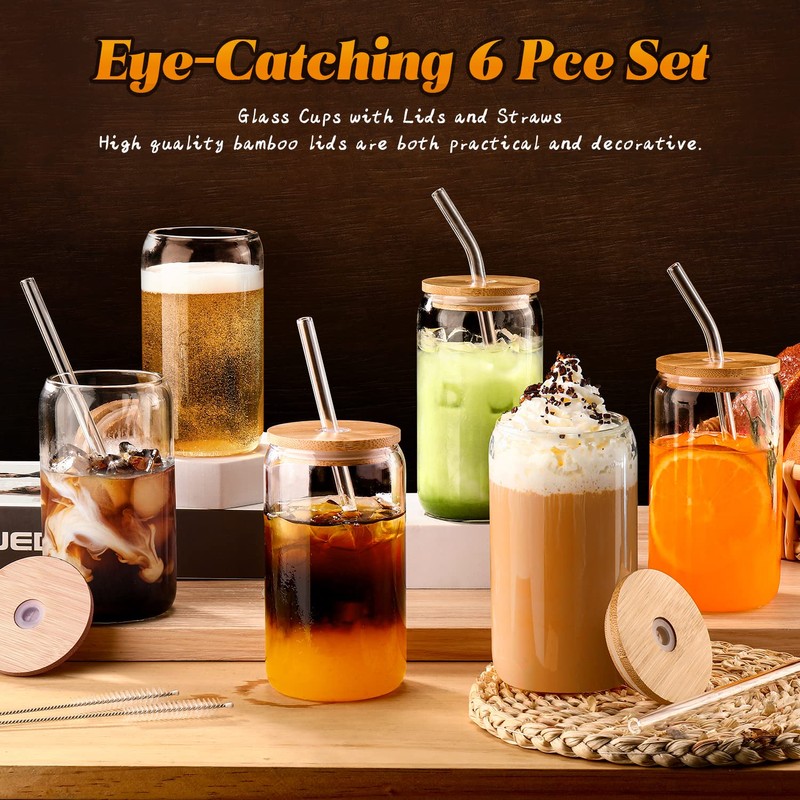 Glass Cups with Lids and Straws 6pcs, 16oz-DWTS Cute Tumber,Beer