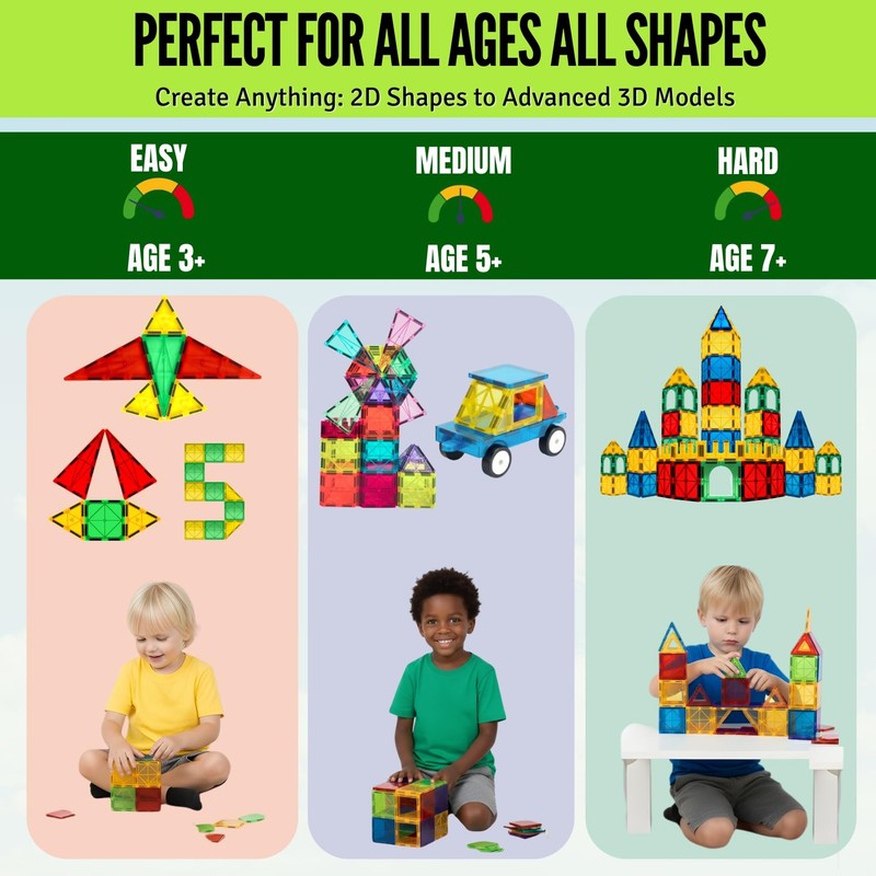 Little Vo Magnetic Tiles Set 180 PCS with 2 Cars