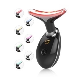 Facial Beauty Device, Multifunctional Facial Skin Care Tools with Vibration, Red and Blue LED Light, 7 Color Led Face and Neck Beauty Device for Home Use, Improve Skin(Glossy Black)