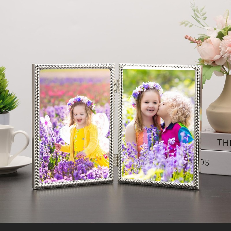 FineLiMoLa 5x7''Silver Double Frames,Rope Design Metal Photo Frame with Black