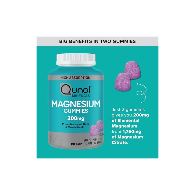 Qunol Magnesium Gummies for Adults, 200mg Citrate Gummies, High Absorption