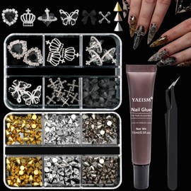 YAEISM 2 Boxes Black Nail Charms Set 3 Colors Spike Charms for Nails Crystal Heart Nail Charms Acrylic Bow Nails with Glue Gel,Tweezer for Nail Art and DIY Crafts Decoration