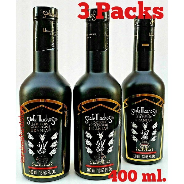 3 Bottles SIETE MACHOS COLOGNE LOCION URANIA MEXICO 400 ml ea. 7 PROTECION WICCA