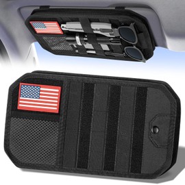 Car Sun Visor Organizer, Multi-Pocket Tactical Visor Storage with Zipper and Sunglasses Holder Clip, Semi-Rigid Molle Panel Car Visor Accessories for Truck, SUV, Patrols, Pickups