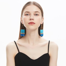 Kaseakia Beaded Tassel Earrings for Women, Big Statement Handmade Long Beaded Dangle Earrings, Boho Bohemian Large Native Seed Bead Earrings (Blue B)