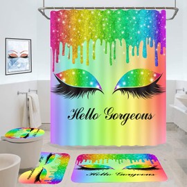 GURETER Hello Gorgeous Shower Curtain Set, 4PCS Luxury Glitter Bling Drips Pretty Eyelash Bathroom Sets with Shower Curtains, Bath Rug, Toilet Lid Cover and U Shaped Mat, 12 Hooks, SETLSGU19