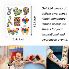 224 Pieces World Autism Awareness Ribbon Temporary Tattoos - Support Inspirational Autistic Birthday Party Supplies Favors Decorations Kids Tattoo Stickers(24 Sheets)