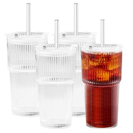 HIYAA 4PCS Glass Cups with Lids and Glass Straws, 20OZ Iced Coffee Cups, Home Essential and Coffee Bar Accessories Borosilicate Tumblers with Lid and Straw for Beer, Cocktail, Tea and Latte, Striped