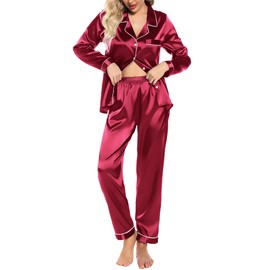 Pjmlifecoco Satin Pajamas Women Long Sleeve Sleepwear Silk Soft Button Down Loungewear Pjs Set Wine Red