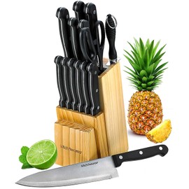 Knife Set With Wooden Block - 15 Piece Set Includes Chef Knife, Bread Knife, Carving Knife, Utility Knife, Paring Knife, Steak Knife, Boning Knife, Scissors And Knife Sharpener. - By Kitch N’ Wares