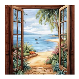 Xinpinzhou Door Landscape 11ct Cross Stitch, 11 Count Counted Stamped Pre Printed Cross Stitch Embroidery Kits for Adults Beginners Starter Advanced Easy Crossstitch Patterns Set Wall Decor 40x40 CM