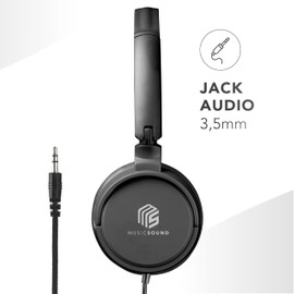 Music Sound Over Ear Basic Wired Headphones | On-Ear Headphones Foldable Headband with 1.2 m Anti-Tangle Cable and Built-in Microphone - 3.5 mm Jack Connection - Black