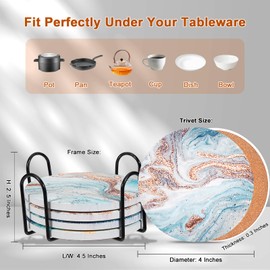 6-Pcs 4'' Ceramic Marble Style Trivet with Holder, Absorbent Trivets for Hot Dishes, Cork Bottom Anti-Slip Trivet Mats for Hot Pots and Pans