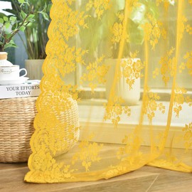 Kotile Gold Sheer Curtains 54 Inch Length 2 Panels, Country Vintage Floral Retro Mustard Yellow Lace Curtains for Bedroom, Rod Pocket Light Filtering Privacy Boho Window Curtain Panels, 52 x 54 Inch