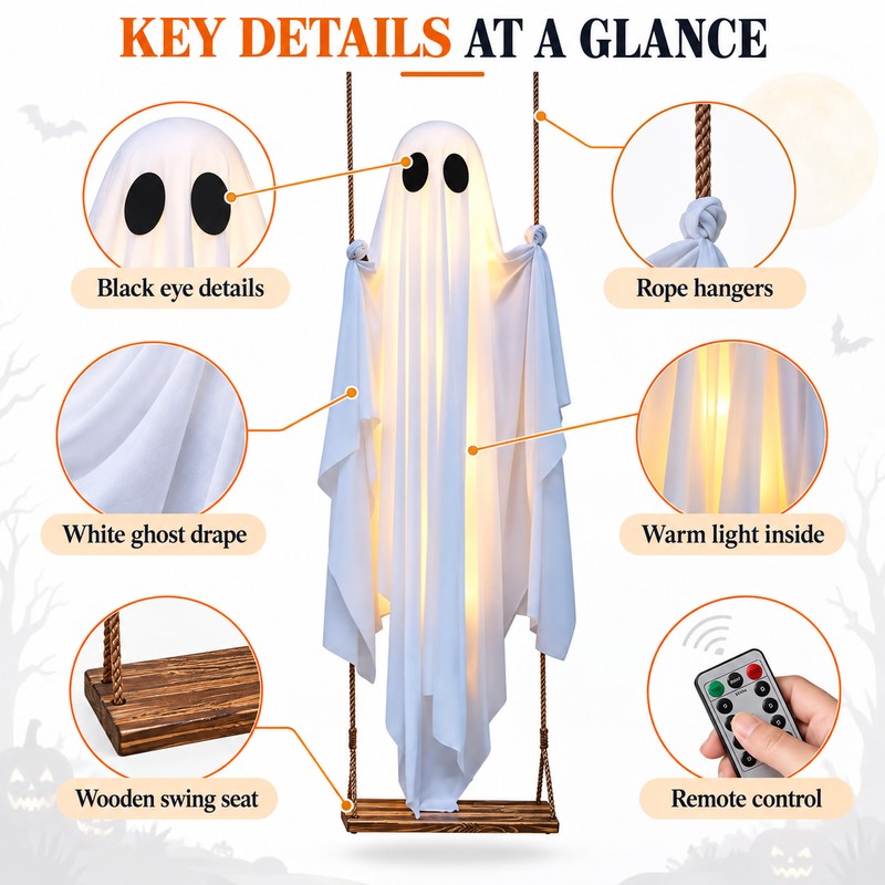 Hanging Ghost Decoration for Halloween – Light-Up Swing Ghost Ornament