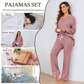 JEYONG Women's Pajama Set – Long Sleeve Button Down Postpartum Lounge Sets – Soft Loungewear Sleepwear Set Cozy PJs for Women (US, Alpha, Medium, Regular, Regular, Pink)