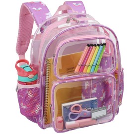 Bagseri Clear Backpack for Girls - 15 Inch Heavy Duty Kids Clear Bookbag for Kindergarten to Grade 2, Transparent School Bag with Reflective Strip, Fits Folders, Purple Unicorn