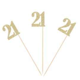 21st Birthday Centerpiece Sticks Gold Glittery Number 21 Table Topper Birthday Flower Picks Paper Sign - Pack of 10