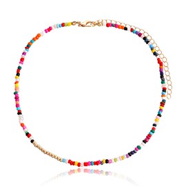 Colorful Beaded Necklace Bohemian Pearl Rice Beads Choker Necklace Adjustable Faux Pearl Bead Choker Necklace Handmade Summer Beach Necklace for Women (Colorful)