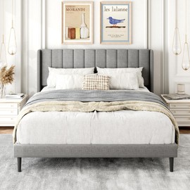 Gruwans Queen Size Bed Frame with Upholstered Wingback Headboard, Easy Assemnly Platform Bed, Wooden Slat Support No Box Spring Needed, Light Gray