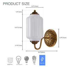 Vintage Brass Wall Sconce Light Fixture with Milk White Glass Shade, Retro Glass Wall Lamp, Indoor Wall Light for Bedroom, Living Room, Hallway
