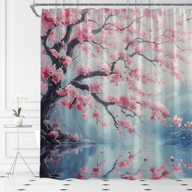 YSATNSFT Cherry Blossom Shower Curtain Japanese Asian Oil Painting Abstract Art Pink Floral Spring Lakes Chinese Style Fabric Bathroom Decor Set with Hooks,(70" WX70 H)