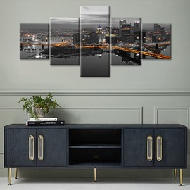 Pittsburgh Pennsylvania Night Panoramic Black and White Wall Art Canvas Print Pittsburgh Pennsylvania Skyline Picture for Bedroom Modern Artwork for Home Walls Framed Ready to Hang (50" W x 24" H)