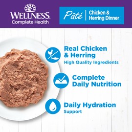 Wellness Complete Health Pate Adult Wet Cat Food, Natural, Protein-Rich, Grain Free, 12.5 Ounce, 12 Pack, (Chicken & Herring)