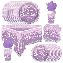 81Pcs Diamond Party Tableware Set Sparkling Diamonds Party Decoration for Girls and Women Birthday Party Supplies (Purple)