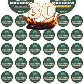 30-count K-Cup portion packs for Keurig K-Cup Brewers with Green Mountain MAX BREW Breakfast Blend Light Roast and MAX BREW Dark Magic Dark Roast Flavors Variety Packaged by Brightest Place