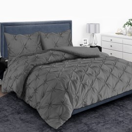 MH Home Pintuck Single Duvet Cover Set - 200 Thread Count 100% Egyptian Cotton Pinch Pleated Quilt Bedding Covers Set (Charcoal, Single)