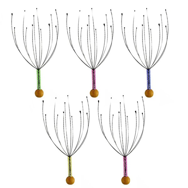 ROSENICE Scalp Massager 5pcs Hand Held Therapeutic Head Scratcher Steel Wire Head Massager with Wooden Handle for Home Spa Relief and Relaxation