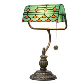 Blivuself Tiffany Style Banker Lamp Green Red Stained Glass Desk Lamps Vintage Bedroom Bedside Study Zipper Pull Chain Retro Office Adjustable Nightstand Aesthetic Antique Accent Reading Table lamp