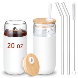 20 OZ Glass Cups with Bamboo Lids and Straws - Drinking Glasses with Silicone Protective Sleeve Set, Iced Coffee Glasses, Cute Tumbler Cup for Water, Smoothie, Boba Tea, Gift - 2 Pack