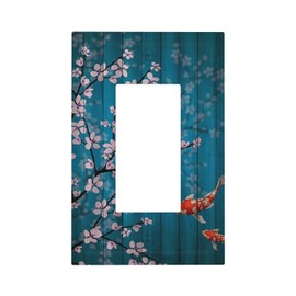 Teal Japanese Koi Fish Hanging Cherry Flower Single Rocker Light Switch Cover Decorative 1 Gang Decora Wall Switch Plate Electrical Faceplate for Bathroom Bedroom Home Decor