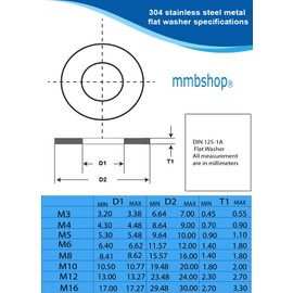 M3-16 Stainless Steel Washers, Form A Thick Flat washer Grade A2 Stainless Steel. Various Sizes And Quantities M3 M4 M5 M6 M8 M10 M12 M16 (50, M10 Washer)