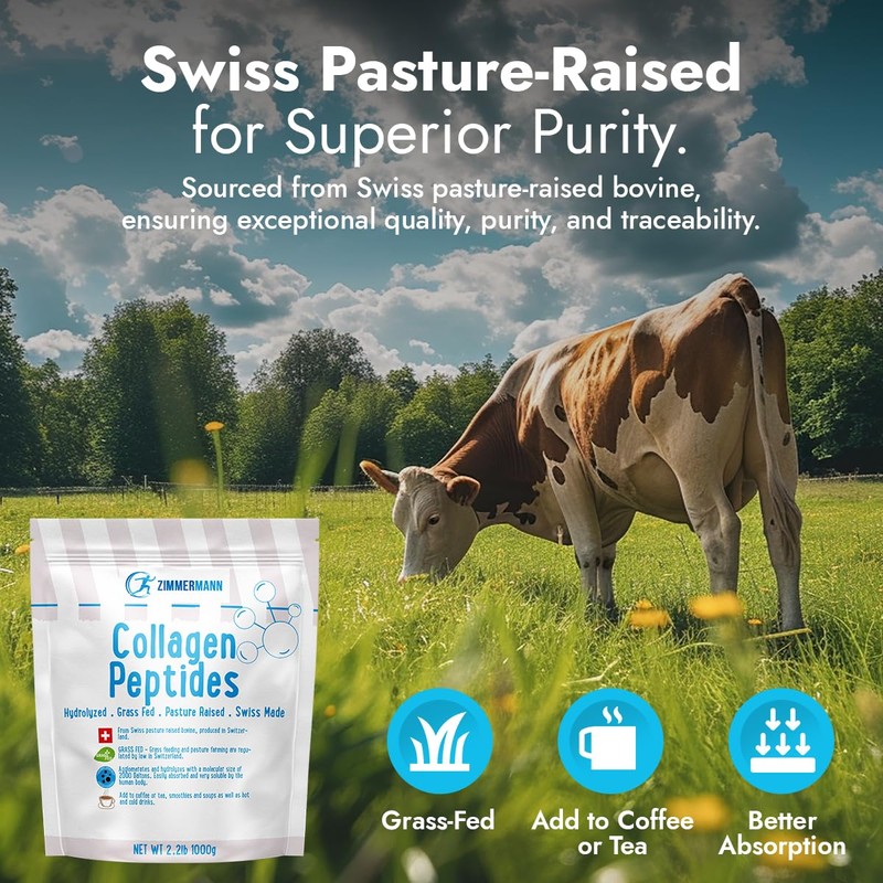 Zimmermann Collagen Peptides Powder 2.2lb 1000g, Produce of Switzerland, Grass