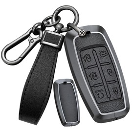 HIBEYO 6 Button Car Fob Cover for Hyundai Genesis GV80 GV90 G70 G80 G90 GV70 Car Accessories Metal &Leather Key Case Holder Protector with Keychains-Black