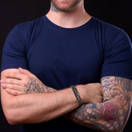 COAI Men's Gemstone Bracelet Made of Matte Onyx with Skull Charm, 16.5 inches, Stone, Onyx