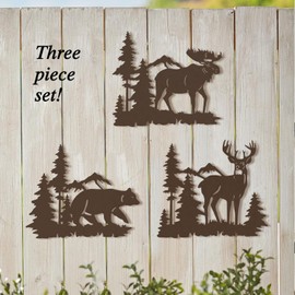 WAIU Metal Deer Bear Elk Wall Decor, Deer Bear Elk on Forest Pine Tree, Rustic Simple Decor, Living Room Bedroom Bathroom Indoor Outdoor Wall Hanging Decor, Lodge, Hunting, Log Cabin Wall Decoration