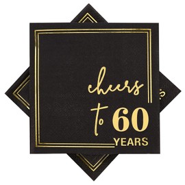 Ottin Black Cheers to 60 Years Cocktail Napkins, 5x5 Inches, 50 Counts, 3-Ply Disposable Party Napkins for 60th Birthdays Decorations, Anniversaries, Weddings, Indoor & Outdoor Celebrations, Gold Foil