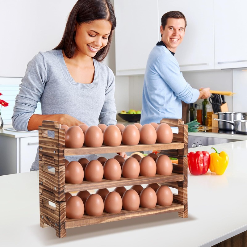 Egg Holder Countertop, 3-Tire Solid Wooden Egg Holder, Stackable Egg