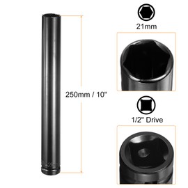 HARFINGTON Deep 6-Point Impact Socket 1/2" Drive 21mm Metric Socket 10" Length with 1/4" Hex Shank Adapter, CR-V Steel Socket Adapter Accessory Tool Set Kit for Hex Bolts Nuts