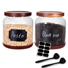 SAIOOL 2-Pack Striped Borosilicate Glass Airtight Canisters - Big mouth Large Capacity, Acacia Wood Lid, Food Storage Jars for Flour, Pasta, Pantry Organization (1/2 Gallon （Striped 2 pack）)
