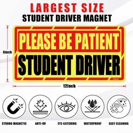 Botocar Student Driver Car Magnet, 2 Pack Super Large Please Be Patient Student Driver Signs for Car, Reflective New Driver Vehicle Bumper Magnetic Sticker, Novice Driver Safety Warning Sign, 12×6in
