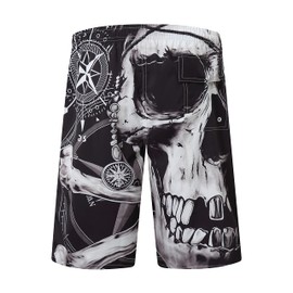 Mens Swim Trunks Swimsuits, Black White Skull Compass Board Shorts Men's Swimwear Bathing Suit with Mesh Lining, Funny Hawaii Quick Dry Beach Shorts for Men Swimming Trunks, XX-Large