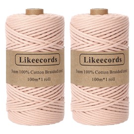 Likeecords 2 Skeins of Braided Macrame Cotton Cord 3mm x 100m,Macrame Rope, 100% Cotton Rope Macrame String,Colorful Cotton Craft Cord for Bag,Wall Hanging, Plant Hangers, Crafts, Knitting（Off White）